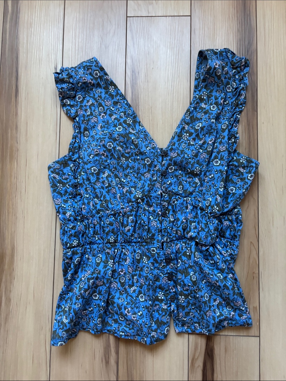 Old Navy Blue Floral V-Neck Ruffled Waist Camisole